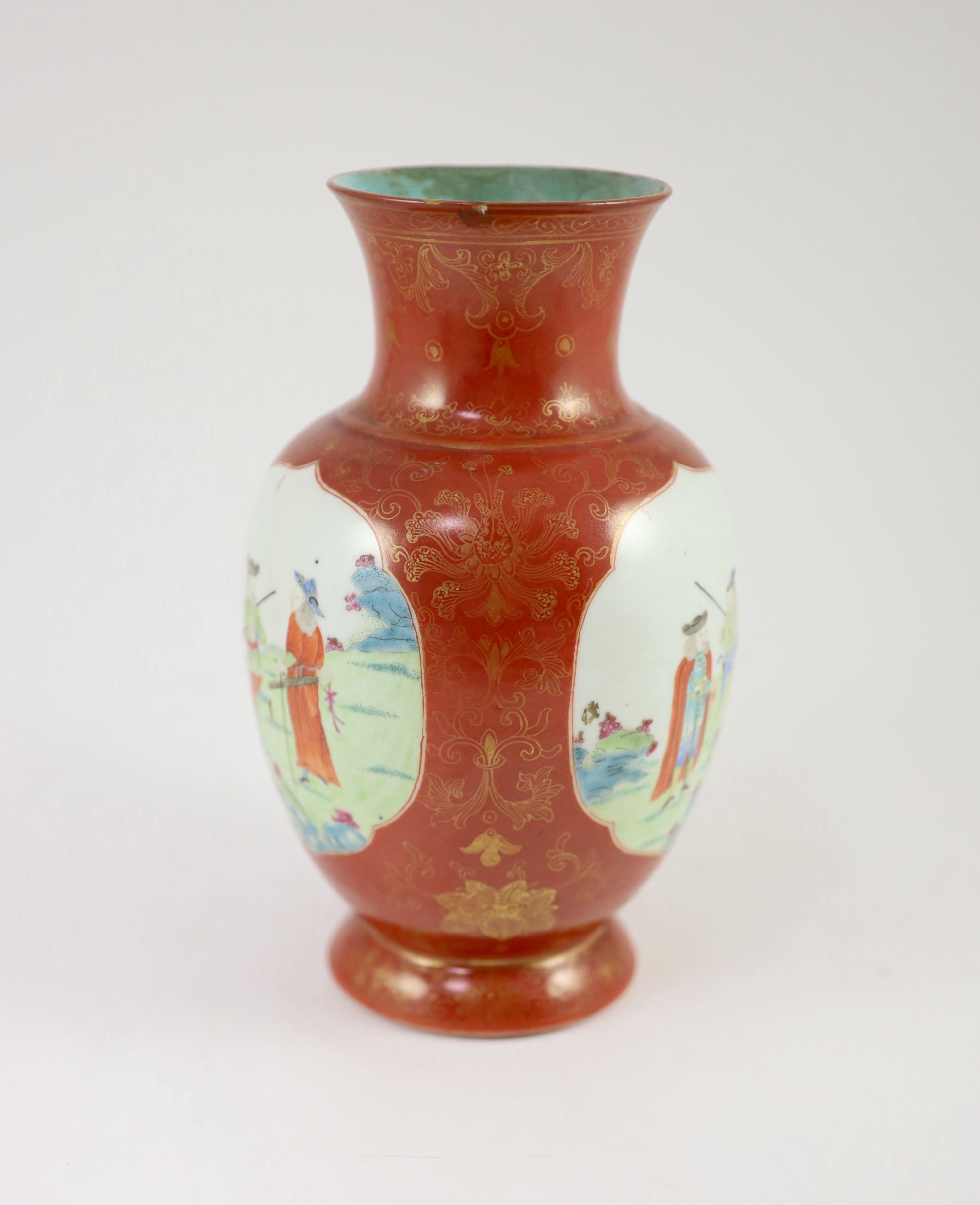 A Chinese coral ground ‘foreigners’ vase, Qianlong/Jiaqing period, 23 cm high, discoloured restoration to neck